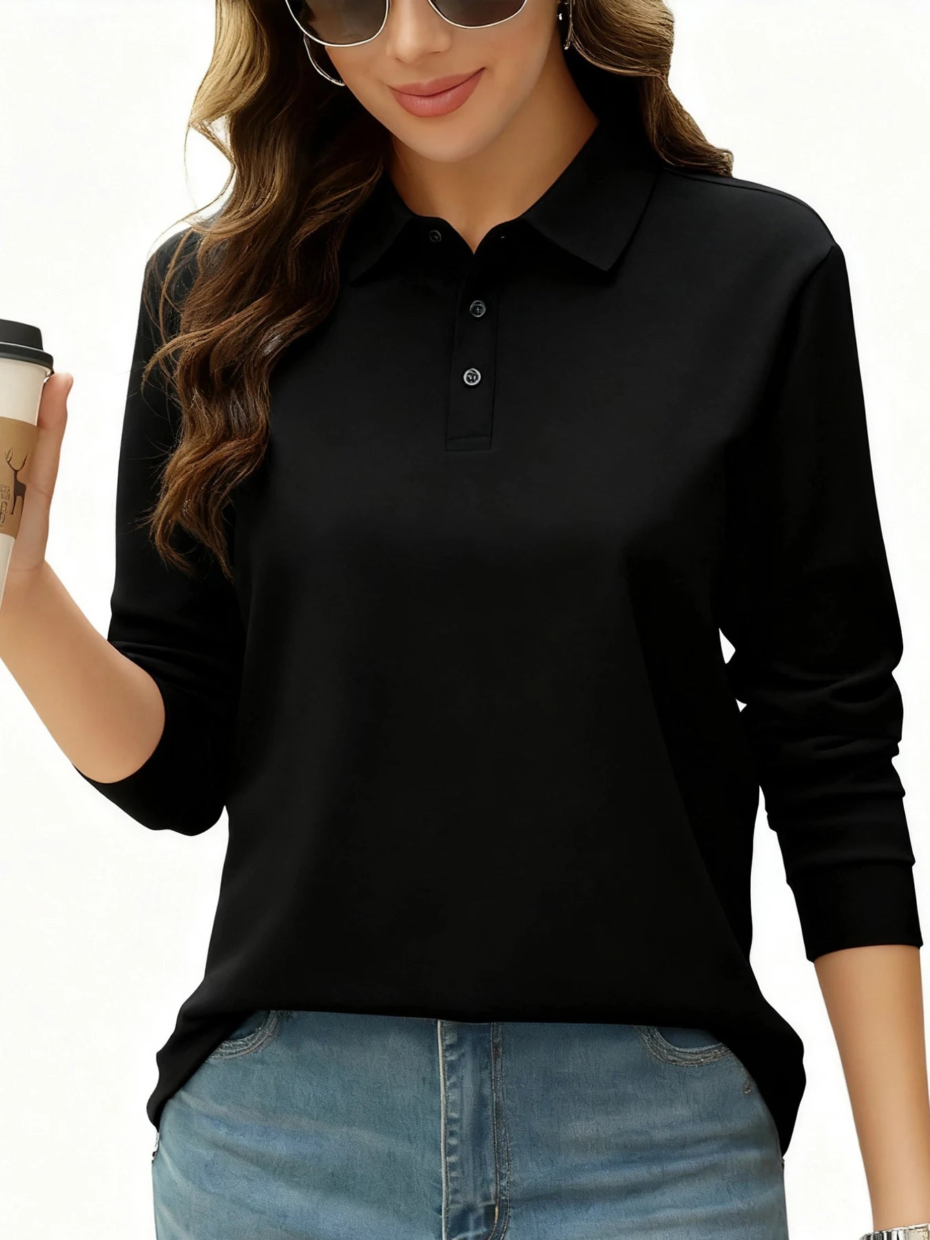 Solid Color Autumn Womens T-Shirt Soft Comfortable Polo Shirt All-Match Lapel Streetwear Unisex Hip Hop Woman Long Sleeve