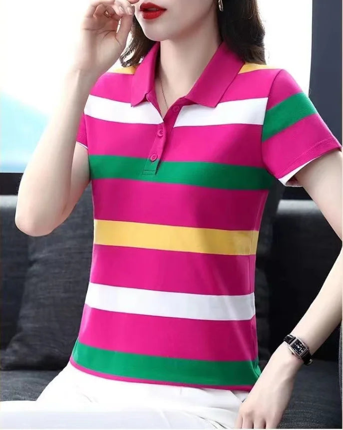 2025 Women Summer Tops Strip Tees Sexy Vintage Short Sleeve 5XL Polo T Shirts Loose Casual Befree Boho Tees
