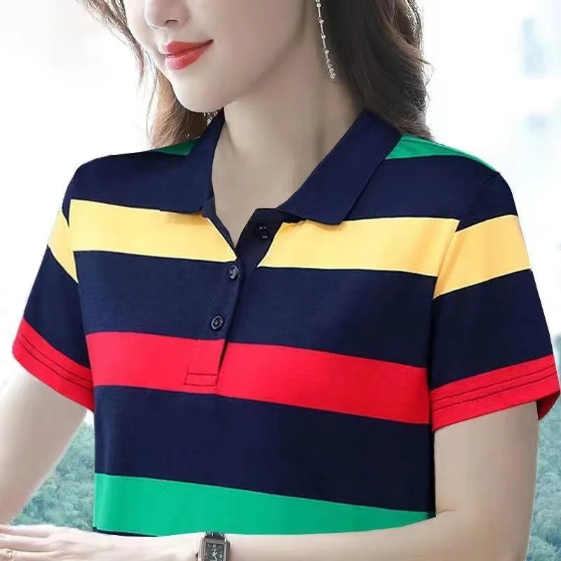 2025 Women Summer Tops Strip Tees Sexy Vintage Short Sleeve 5XL Polo T Shirts Loose Casual Befree Boho Tees