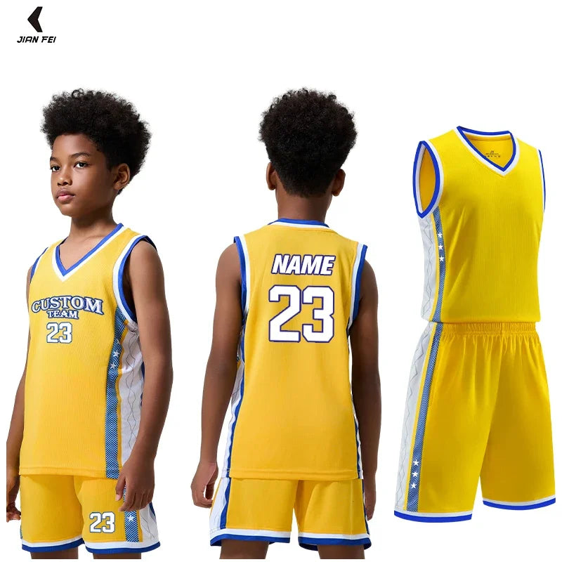 Boys Basketball Uniforms Custom 100% Polyester Mesh Throwback Breathable Kids Basketball Jersey Quick Dry Basketball Shirts 2302