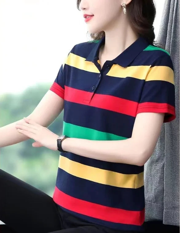 2025 Women Summer Tops Strip Tees Sexy Vintage Short Sleeve 5XL Polo T Shirts Loose Casual Befree Boho Tees