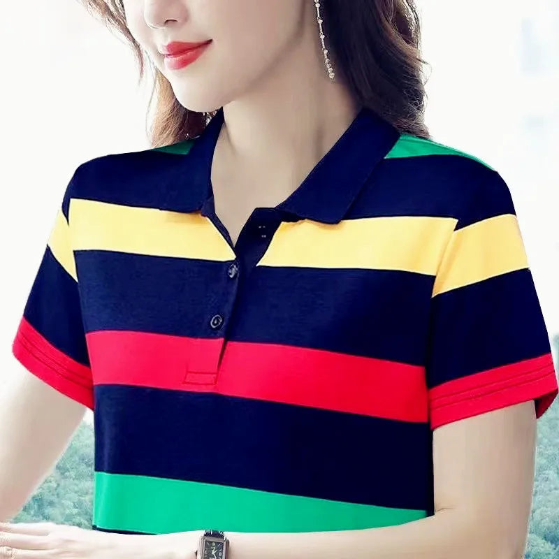 2025 Women Summer Tops Strip Tees Sexy Vintage Short Sleeve 5XL Polo T Shirts Loose Casual Befree Boho Tees