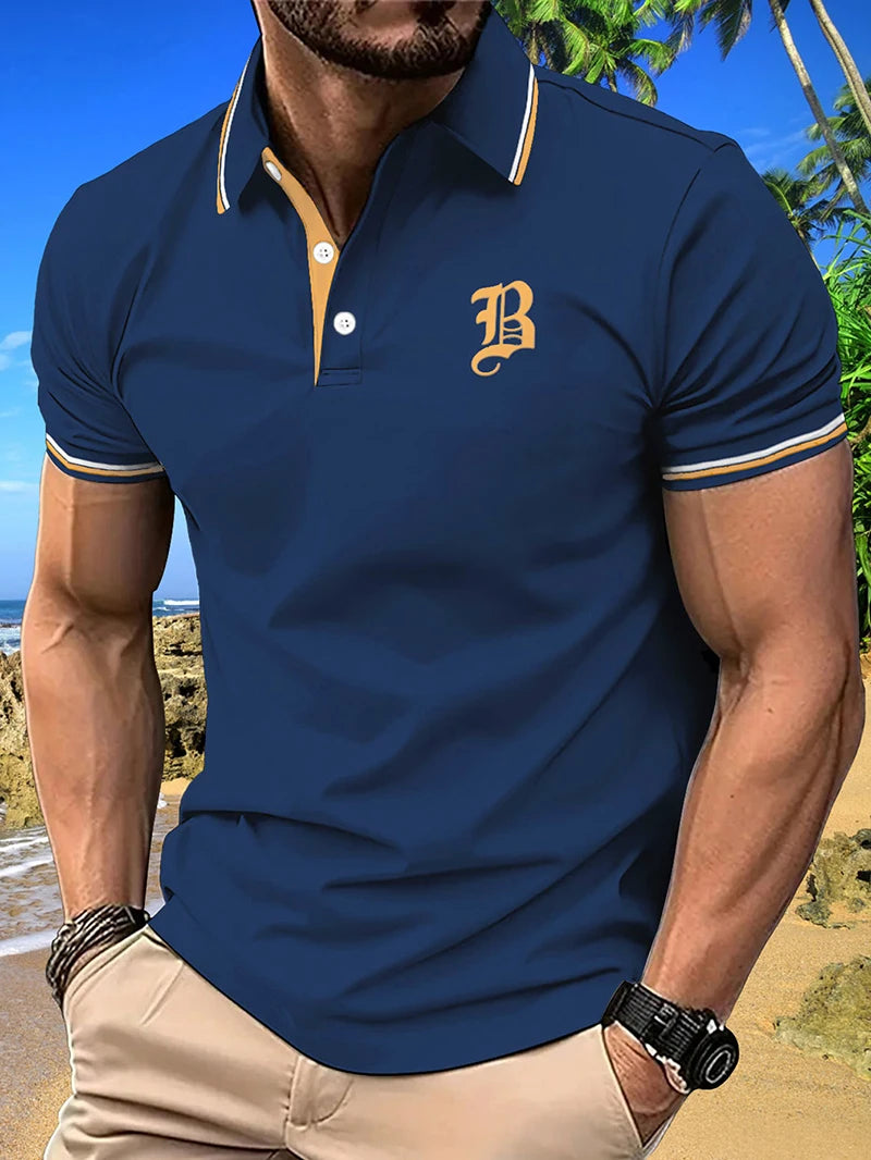 Men's Casual Chest Letter Polo Summer Fashion Top Outdoor Sports Polo  Outdoor Clothing Breathable Quick-Dry Tee for Men