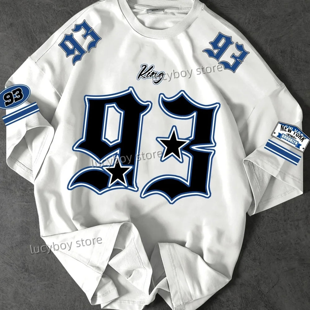 2025 NEW Man O-Neck Sportwear Racing Football Tee Mens KING NO.93 Printed Short Sleeve T Shirt Vintage Casual Tops Men Clothes