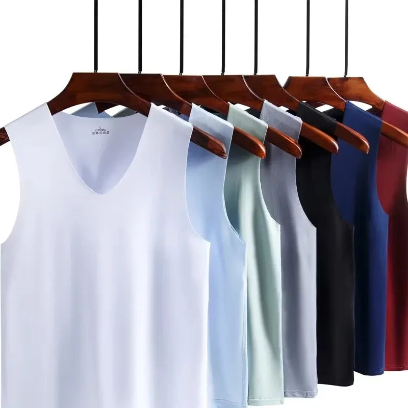 Silk Tank Tops Seamless Mens Vest Sleeveless Sport Bodysuit Vest for Men Clothing Plain Casual Summer Tank Undershirts Cool Gym