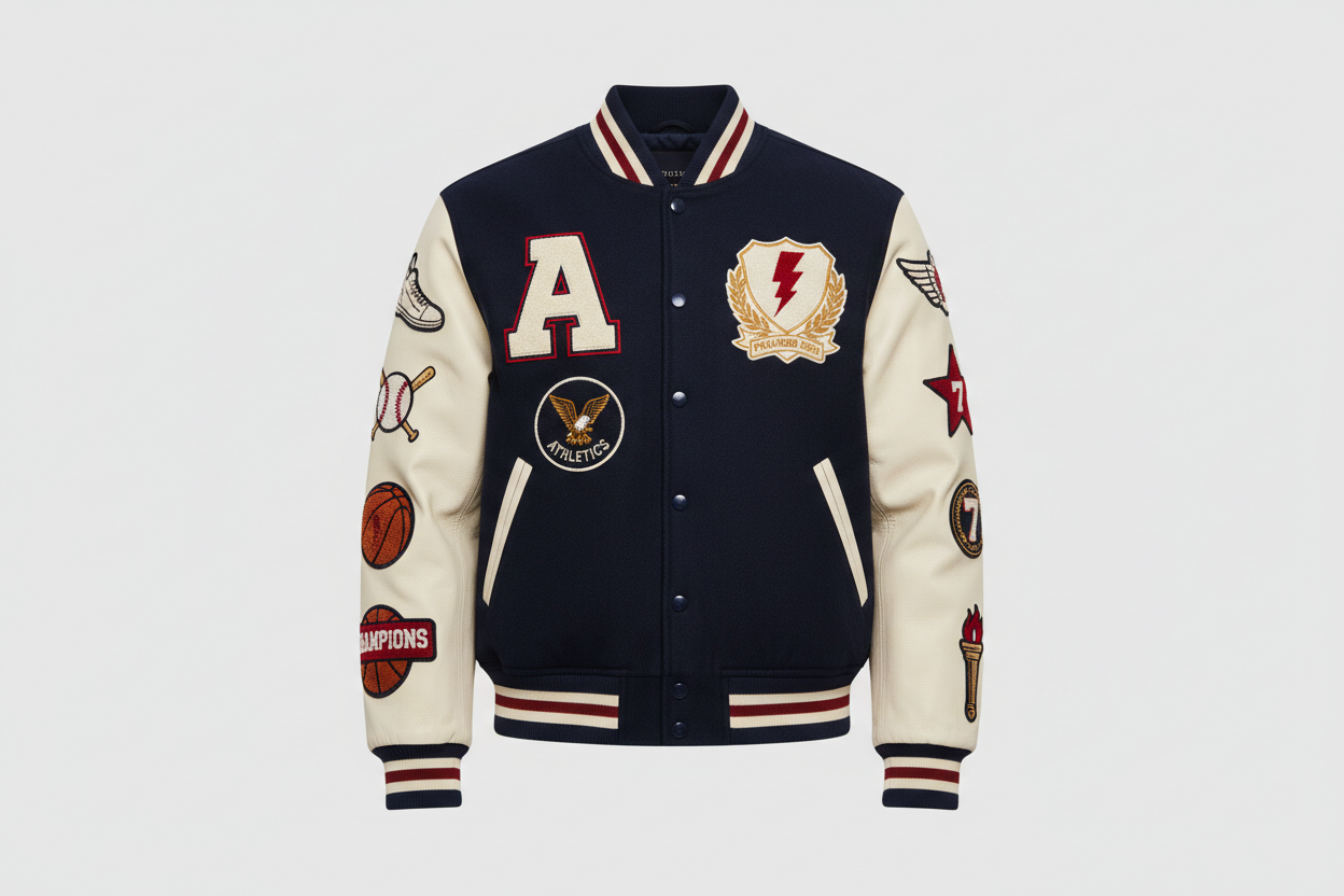 Versity jacket with patches with solid background
